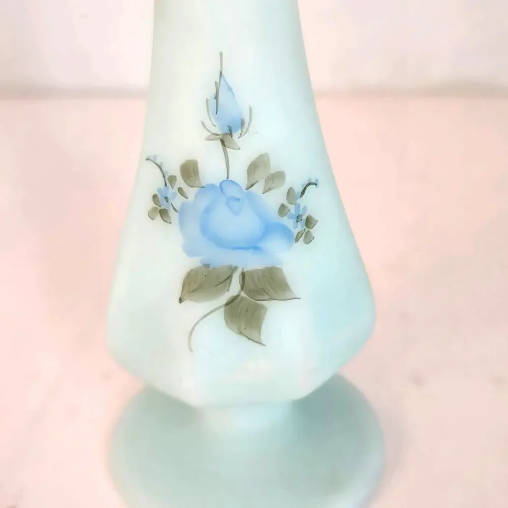 Vintage Fenton Bud Vase Blue Roses Hand Painted Satin Glass Artist Signed MCM